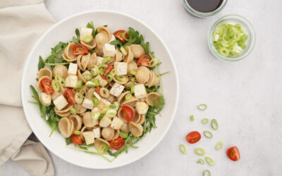 Salade van orechiette met limoen-tofureepjes, sojasaus, rucola, lente-ui en kerstomaatjes